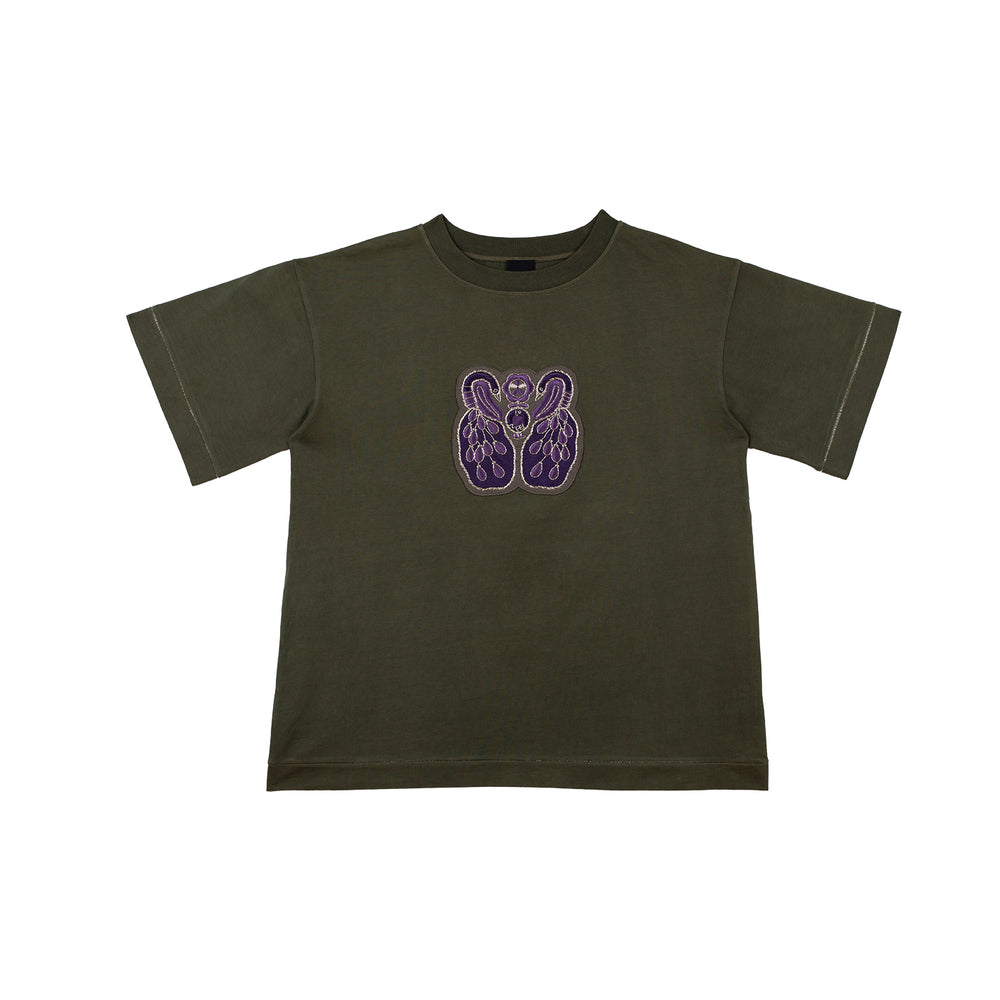 t-shirt kaki en coton bio certifié GOTS avec broderie artisanale