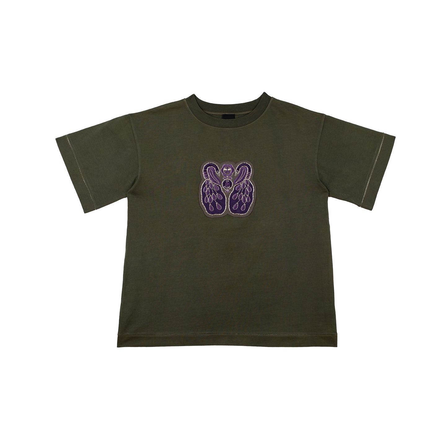 t-shirt kaki en coton bio certifié GOTS avec broderie artisanale