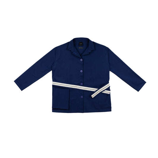 veste japonaise bleue en coton upcyclé avec grandes poches made in France