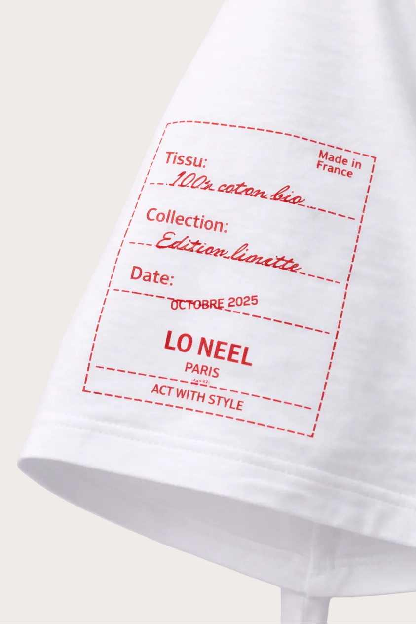 Détails de la manche imprimé du T-shirt Vague blanc unisex  100% coton bio et Made in France